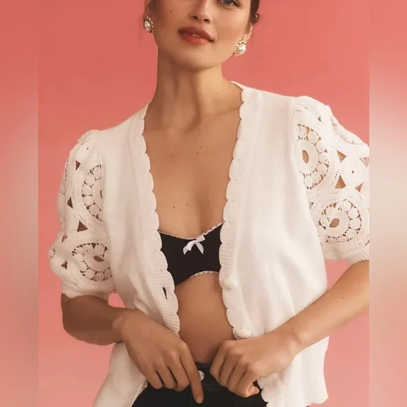 By Anthropologie Short-Sleeve Crochet Cardigan Sweater - Picture 2 of 13